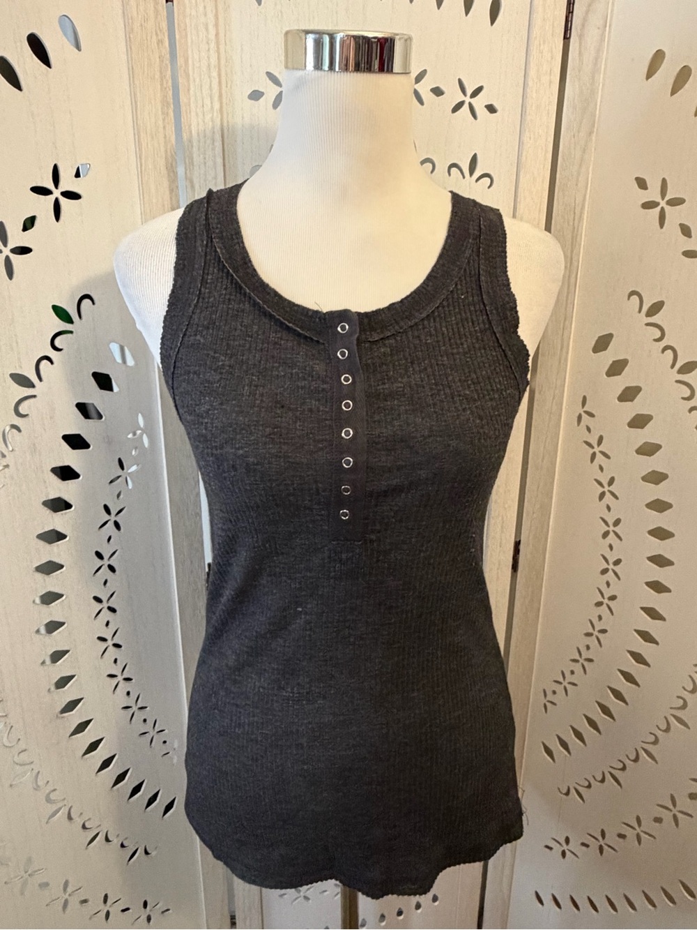 Charcoal Ribbed Henley Tank Top - Women's Sleeveless Knit